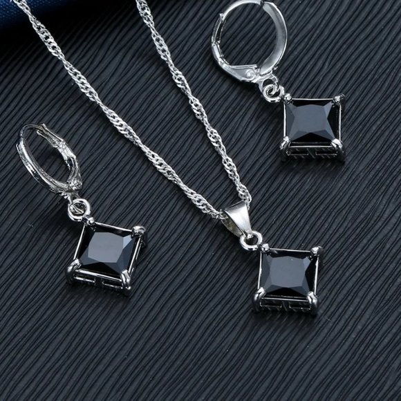 Fashion Jewelry Jewelry - ⭐4pc Bundle Sale⭐ Black Princess Cut Pendant And Earrings w 18" Chain 925 Silver